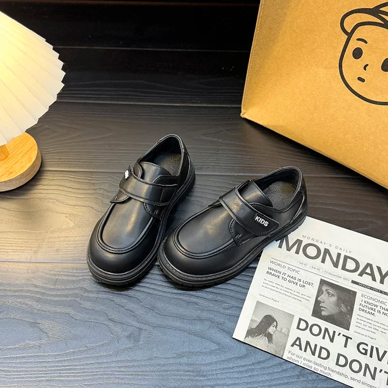 Boys Casual Leather Shoes Black Party Shoes for Formal Wedding School Fashion Classic Hook & Loop Kids Fashion Casual Loafers