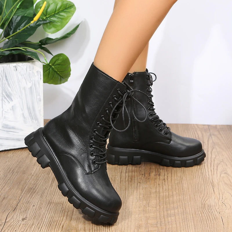 Boots Women Autumn Winter PU Leather White Ankle Boots Motorcycle Botines Female Chunky Heels Platform Boots Botas Mujer