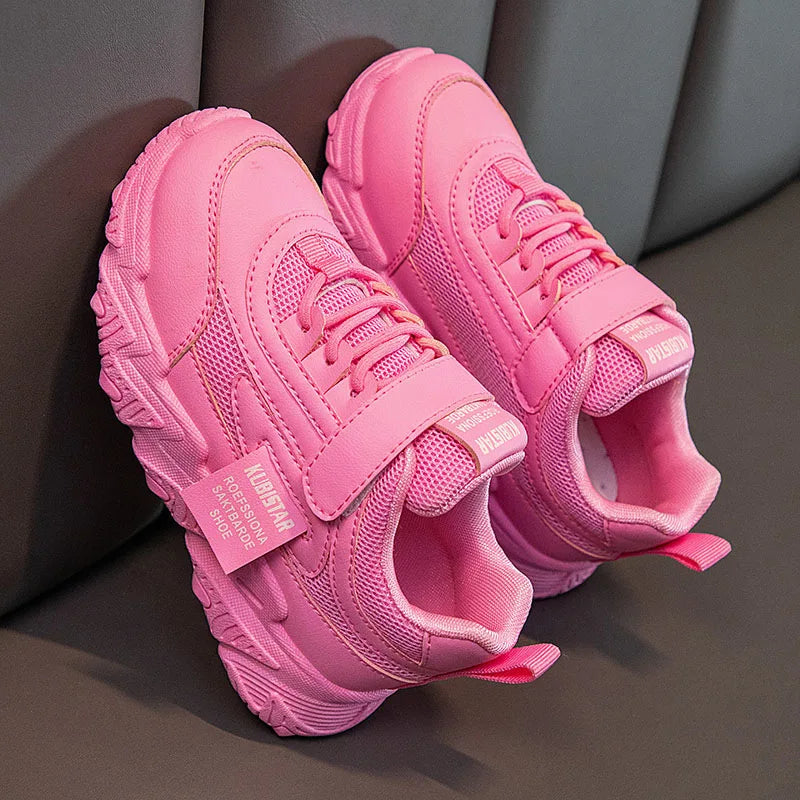 Spring New Kids Sneakers 2023 PU Girls Casual Mesh Solid Pink Light Boys White Hook & Loop Children Non-slip Sports Shoe Fas