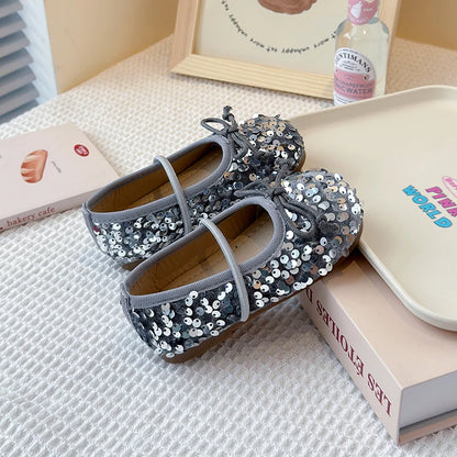 Girls Shoes Kids Glitter Leather Shoes for Wedding Stage Party Sequins Bling Shiny with Bow-knot Princess Soft Children's Flats