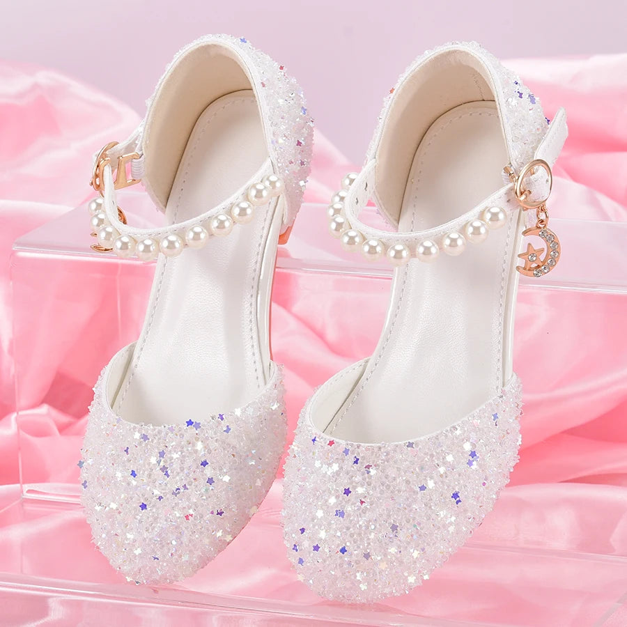 Girls' Princess Style High Heel Shoes With Shiny Star Pendant Decoration, Suitable For Dress And Birthday Party