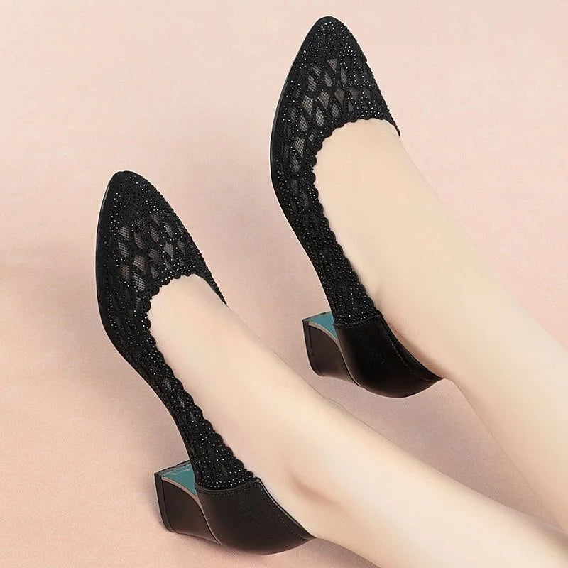 Women's Shoes Summer New Fashion Mid-heel Hollow Mesh Pumps for Women Black Elegant Party High Heels Shoes Female fashion