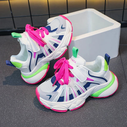 Girl's Color Block Mesh Breathable Chunky Shoes Comfy Non Slip Lace Up Durable Sneakers For Kid's Outdoor Activities