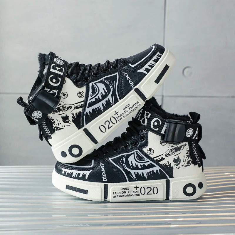 Boys' high-top sneakers Autumn new style children's sports shoes Buckle student soft-soled fleece casual shoes