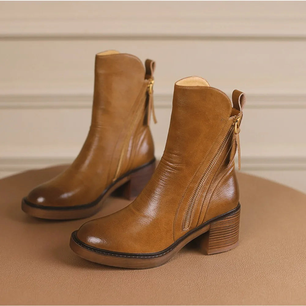 Women's Boots Spring and Autumn New Chelsea Boots Thick Heel Brown Short Leather Shoes for Women High Heels platform shoes
