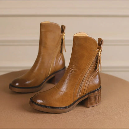 Women's Boots Spring and Autumn New Chelsea Boots Thick Heel Brown Short Leather Shoes for Women High Heels platform shoes