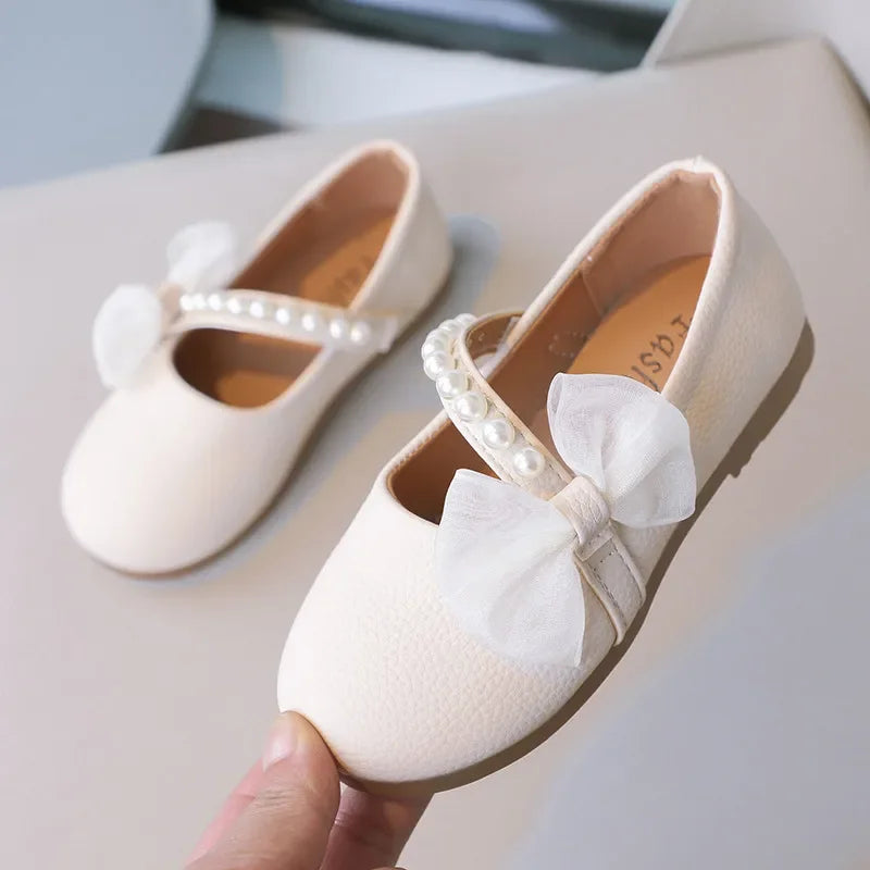 Girls Pearls Leather Shoes for Party Wedding Children Elegant Princess Shoes with Bow-knot Kids Flats Mary Janes Shoes Round-toe
