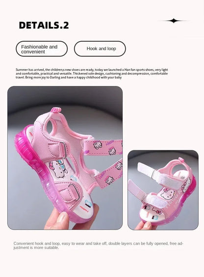 Summer New Baby Girls Led Light Sandals Cute Hello Kitty Children's Casual Shoes Anti-slip Kids Beach Shoes Outdoor Shoes