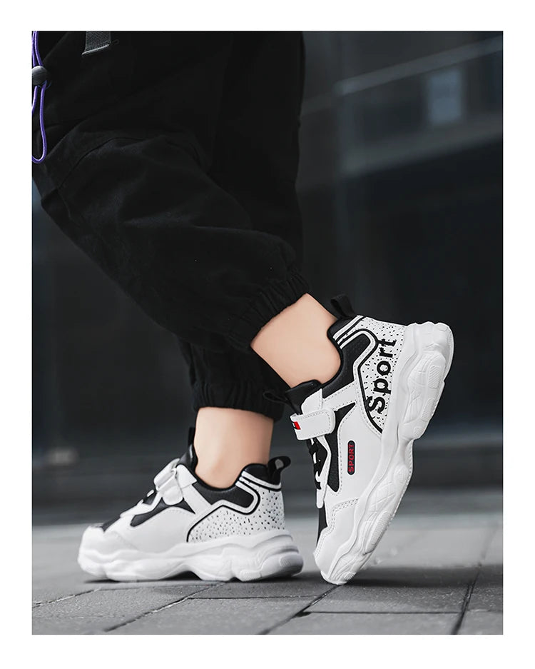 Boys Shoes Sneakers Leather Children Comfortable Flat Shoes Black White Shoes for Kids Girls School Walking Footwear Non Slip