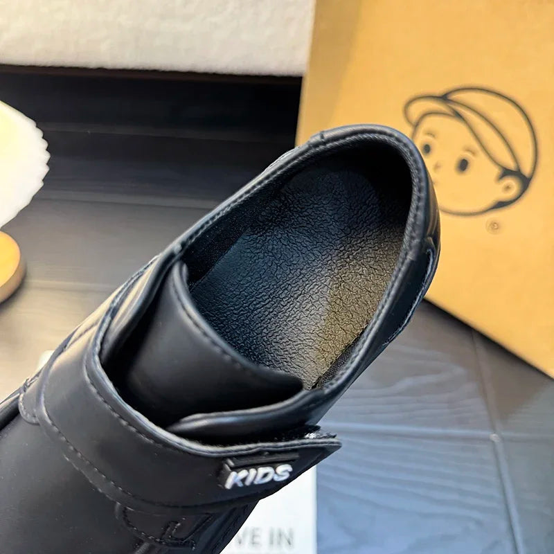 Boys Casual Leather Shoes Black Party Shoes for Formal Wedding School Fashion Classic Hook & Loop Kids Fashion Casual Loafers