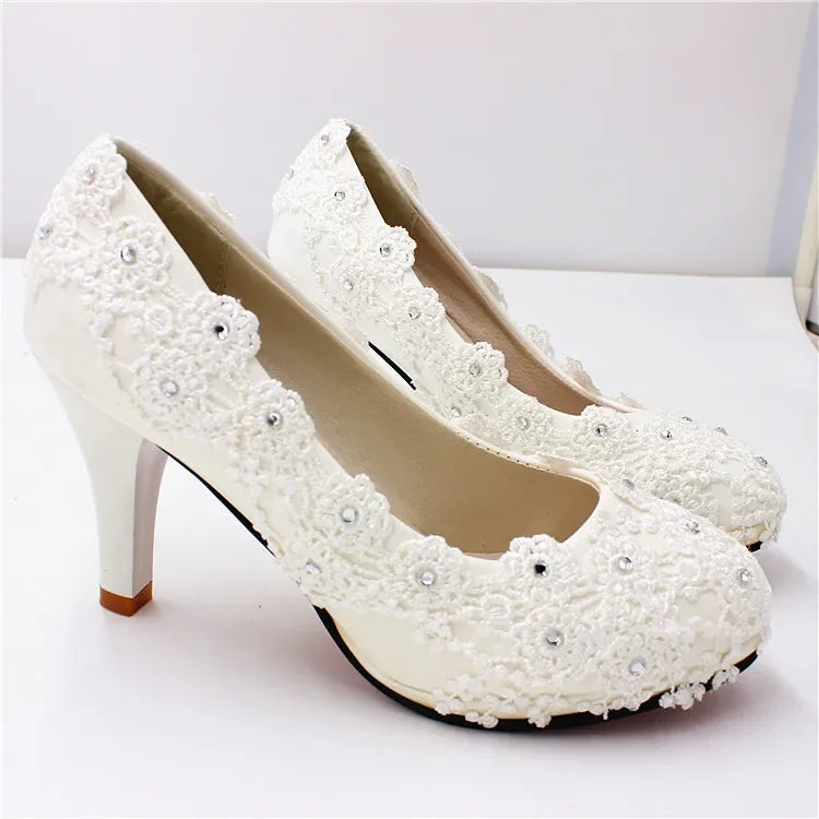 New Shoes Woman Bride Elegant White Lace Pearl Design High Heels Women's High Heels Bride Wedding Shoes Ladies