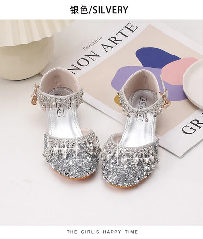 Girls' high-heeled princess shoes model catwalk show silver children's dress shoes shiny stage crystal sandals