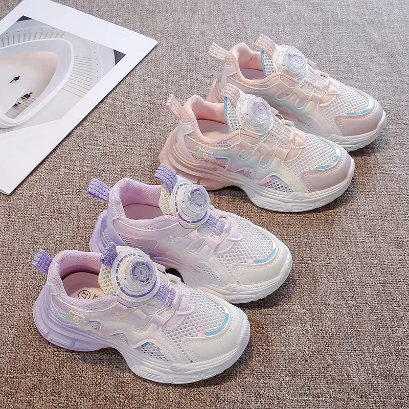 Girls Sneakers with Sweet Flowers Children Running Shoes Rotating Button New Kids Sports Shoes Princess Style Comfortable