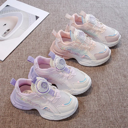 Girls Sneakers with Sweet Flowers Children Running Shoes Rotating Button New Kids Sports Shoes Princess Style Comfortable