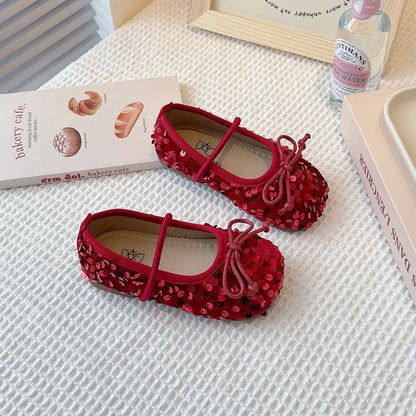 Girls Shoes Kids Glitter Leather Shoes for Wedding Stage Party Sequins Bling Shiny with Bow-knot Princess Soft Children's Flats