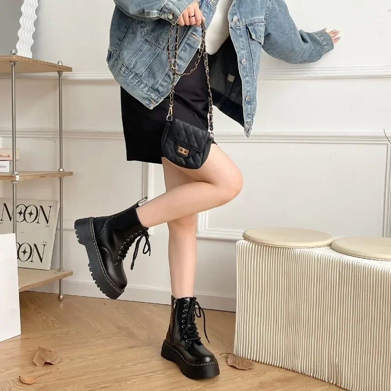 Women's Boots New Genuine Leather Ankle Shoes Chelsea Botas Ladies Classic Punk Platform Shoes Women Casual High Heels Boots