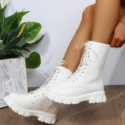 Boots Women Autumn Winter PU Leather White Ankle Boots Motorcycle Botines Female Chunky Heels Platform Boots Botas Mujer