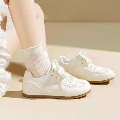 Girly Dopamine Pink Sneakers 2025 Fall New Women's Lightweight Ballet Flats Round Toe Lace Detail White Casual Walking Shoes