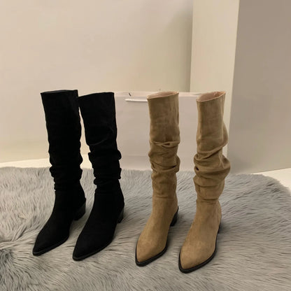 Women's Suede High-heeled Boots for Autumn and Winter, New Plush Pointed Stacking Boots, Fashionable Outdoor Knight Boots