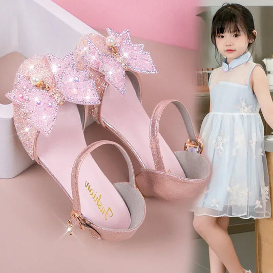 Girls Princess Shoes High Heels for Wedding Party Kids Dance Shoes Sweet Bows 2025 Summer New Children Half Sandals Shiny Sequin