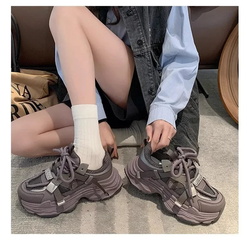 Women's Chunky Sneakers  Breathable Mesh Platform Sports Shoes Woman Fashion Lace Up Thick Sole Casual Shoes Mujer 2024