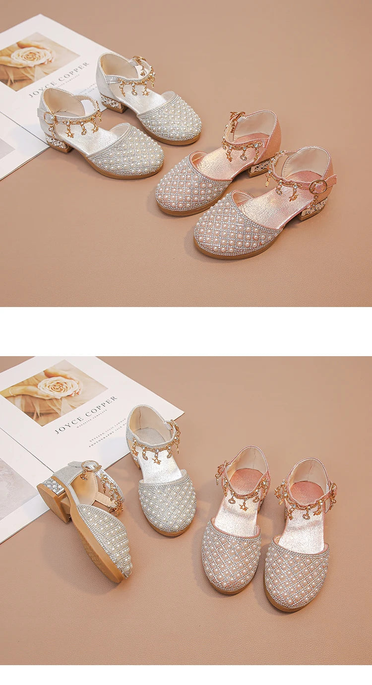 Girls Dress Shoes for Wedding Party Glitter Rhinestone with Pendants Shiny Glitter Fashion Princess Kids Leather Shoes High Heel