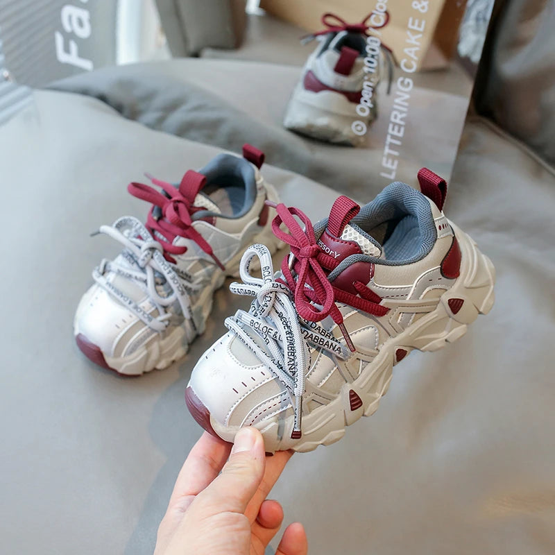 Children's Sneakers Four Seasons Leather Boys Girls Single Shoes Black Soft Bottom Non-slip Kids Running Shoes