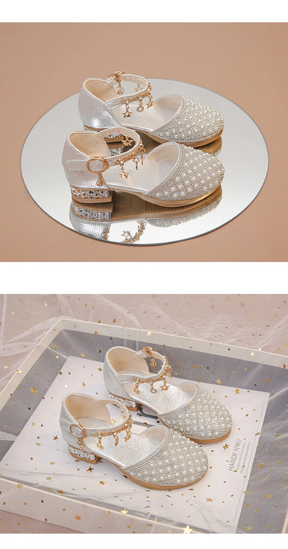 Girls Dress Shoes for Wedding Party Glitter Rhinestone with Pendants Shiny Glitter Fashion Princess Kids Leather Shoes High Heel
