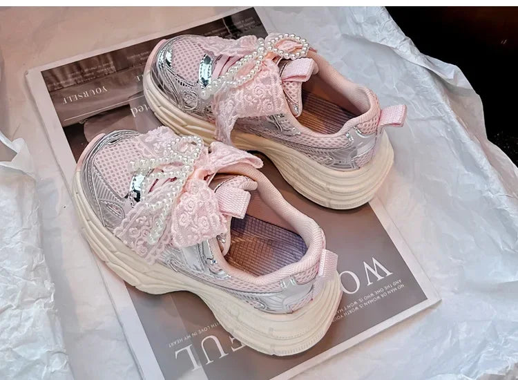 Girls Running Shoes with Sweet Mesh Bow Kids Sports Shoes Breathable New Fashion Children Sneakers Princess Style Cute