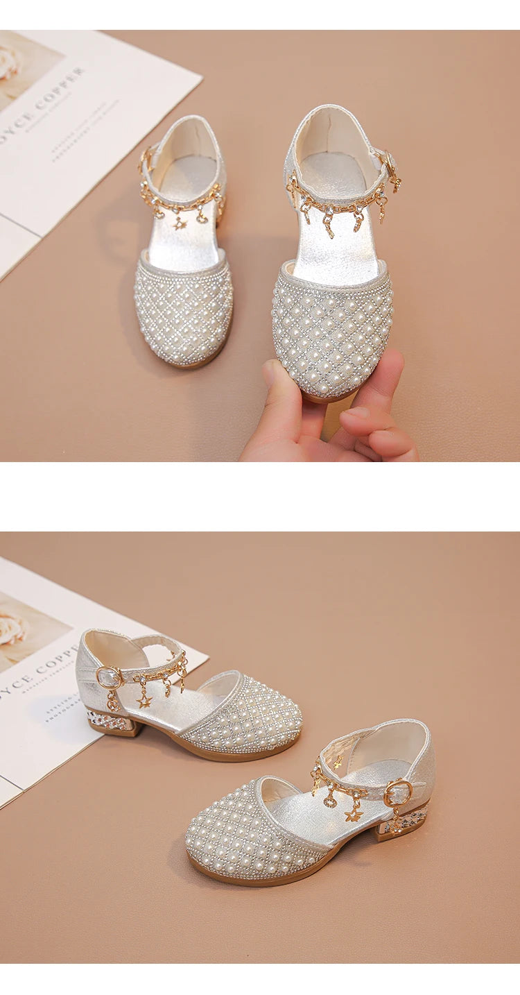 Girls Dress Shoes for Wedding Party Glitter Rhinestone with Pendants Shiny Glitter Fashion Princess Kids Leather Shoes High Heel