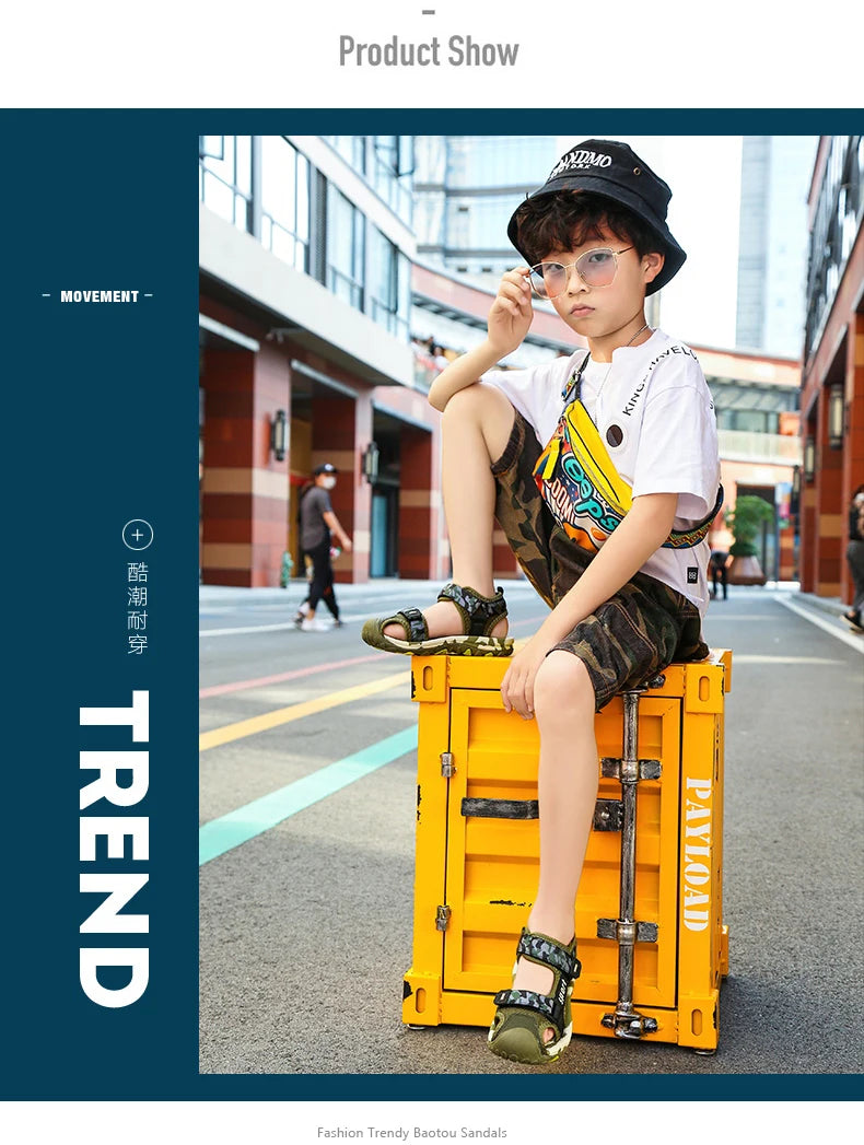 New Summer Beach Water Children Sandals Fashion Shoes Lightweight Non-slip Soft Bottom Shading Leather Boys Comfortable