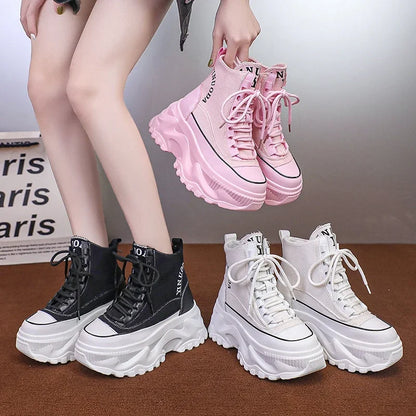 Women Sneakers High Top Platform Breathable Leather Shoes Autumn Ladies Wedges Casual Shoes For Woman Sports Dad Shoes 8CM