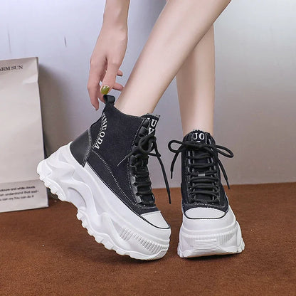 Women Sneakers High Top Platform Breathable Leather Shoes Autumn Ladies Wedges Casual Shoes For Woman Sports Dad Shoes 8CM