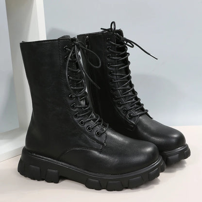 Boots Women Autumn Winter PU Leather White Ankle Boots Motorcycle Botines Female Chunky Heels Platform Boots Botas Mujer