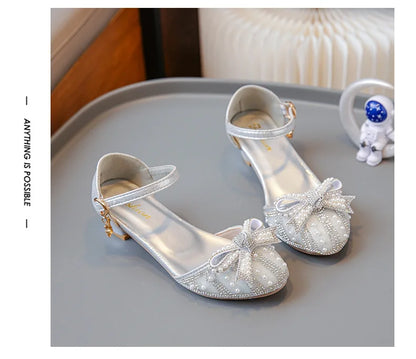 Girls' Bow Sandals Fashion Princess Shoes for Party Wedding 2025 Summer New Kids Rhinestone High Heels Children's Leather Shoes