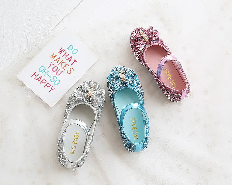 Party Dresses for Girl Spring Fashion Glitter Girl Shoe Water Diamond Princess Shoe Soft Sole Kid Shoes Bow Kid Leather Shoe