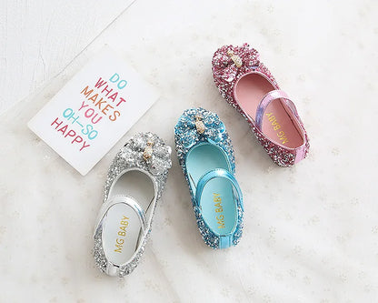 Party Dresses for Girl Spring Fashion Glitter Girl Shoe Water Diamond Princess Shoe Soft Sole Kid Shoes Bow Kid Leather Shoe