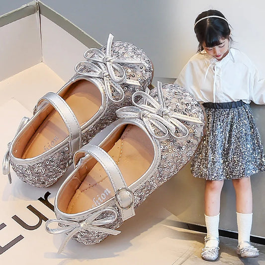 Girls' shoes Princess shoes for girls spring and autumn new models sequins soft sole leather shoes