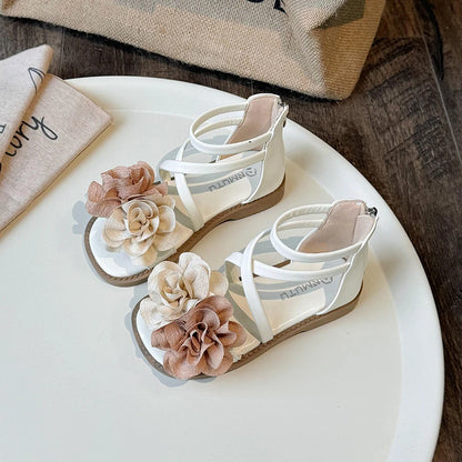 Girls' Sandals Summer New Children's Flower Princess Shoes Medium Large Children's Soft Bottom High Butt Roman Shoes