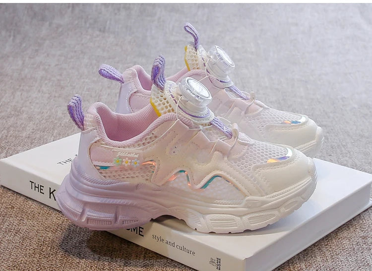 Girls Sneakers with Sweet Flowers Children Running Shoes Rotating Button New Kids Sports Shoes Princess Style Comfortable
