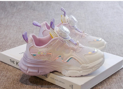 Girls Sneakers with Sweet Flowers Children Running Shoes Rotating Button New Kids Sports Shoes Princess Style Comfortable