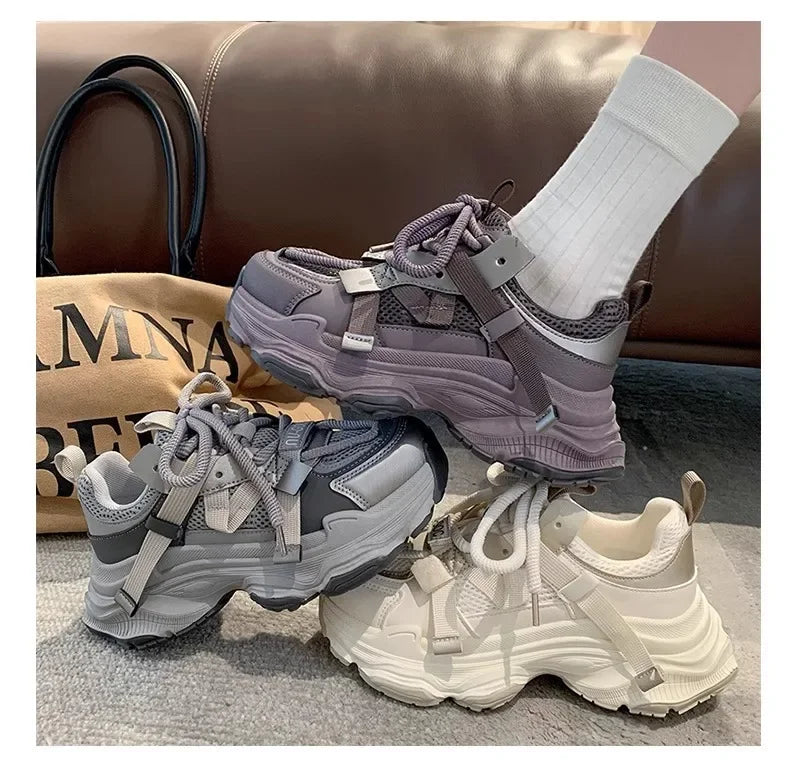 Women's Chunky Sneakers  Breathable Mesh Platform Sports Shoes Woman Fashion Lace Up Thick Sole Casual Shoes Mujer 2024