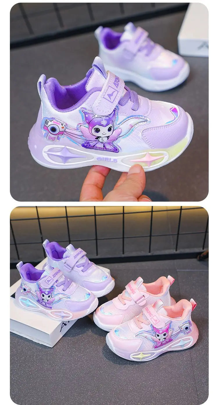 Sanrio Kuromi Girls Light Up Sneakers New Waterproof Leather Princess Running Casual Sports Shoes with Cotton Lined for Kids