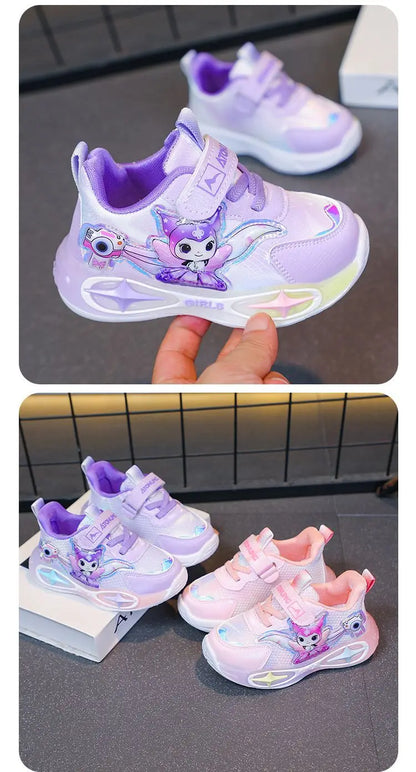 Sanrio Kuromi Girls Light Up Sneakers New Waterproof Leather Princess Running Casual Sports Shoes with Cotton Lined for Kids