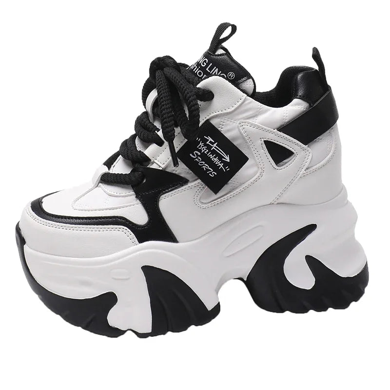 Women Walking Sneakers 2025 Spring Lace-up High Platform Chunky Shoes Breathable Leather Shoes 10CM Wedge Heels Casual Shoes