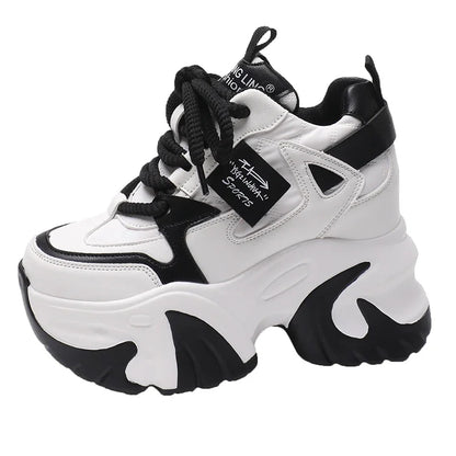 Women Walking Sneakers 2025 Spring Lace-up High Platform Chunky Shoes Breathable Leather Shoes 10CM Wedge Heels Casual Shoes