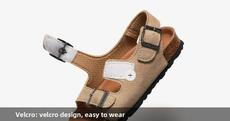 Boys Summer Soft Soled Cork Sandals Children One Line Herringbone Slippers Girl Beach Breathable Double Ring Buckle Casual Shoes