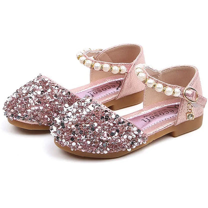 Princess Girls Party Dance Shoes Student Flats Children Pearl Sequin Sandals Kids Performance Grand Event