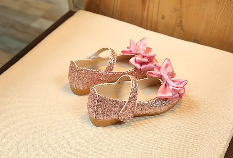 Glitter with Bow-knot Princess Sweet Bling Dress Shoes for Dance Party Girls Leather Shoes for Toddlers Kids Big Children Flats