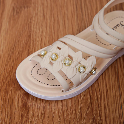 Chic Toddler Girls' Flower Adorned Open Toe Sandals - Comfy, Non-Slip Sole with Easy Hook and Loop Closure for Casual Wear